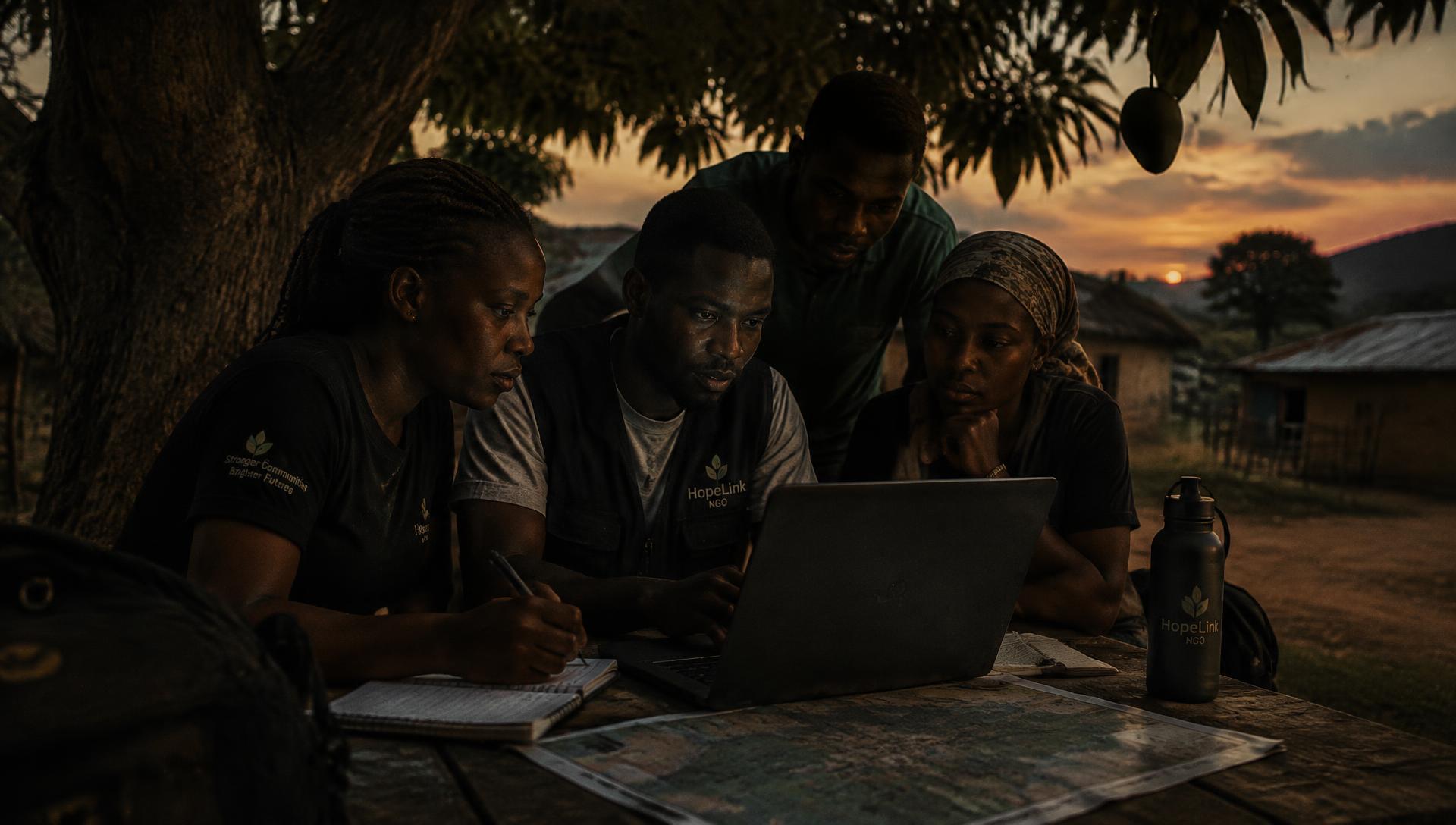 A field team reviewing plans on a laptop at dusk